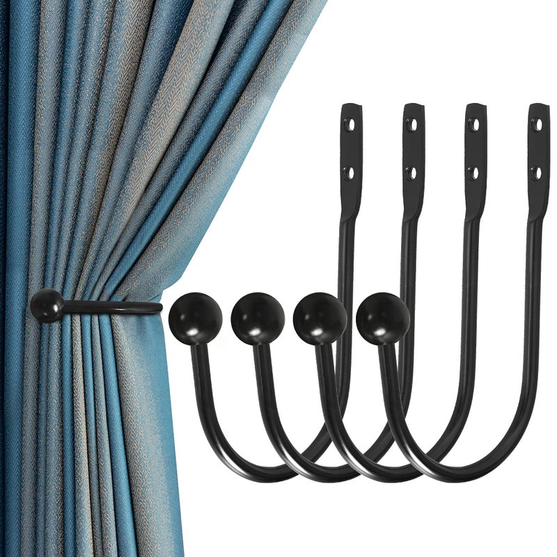 HEMOUR Curtain Holdback, 4 Pcs Wall Mounted Drapery Tiebacks with Screws, Heavy Duty Metal Decorative Window Drapery Holder Curtain Hook, Black - Image 1